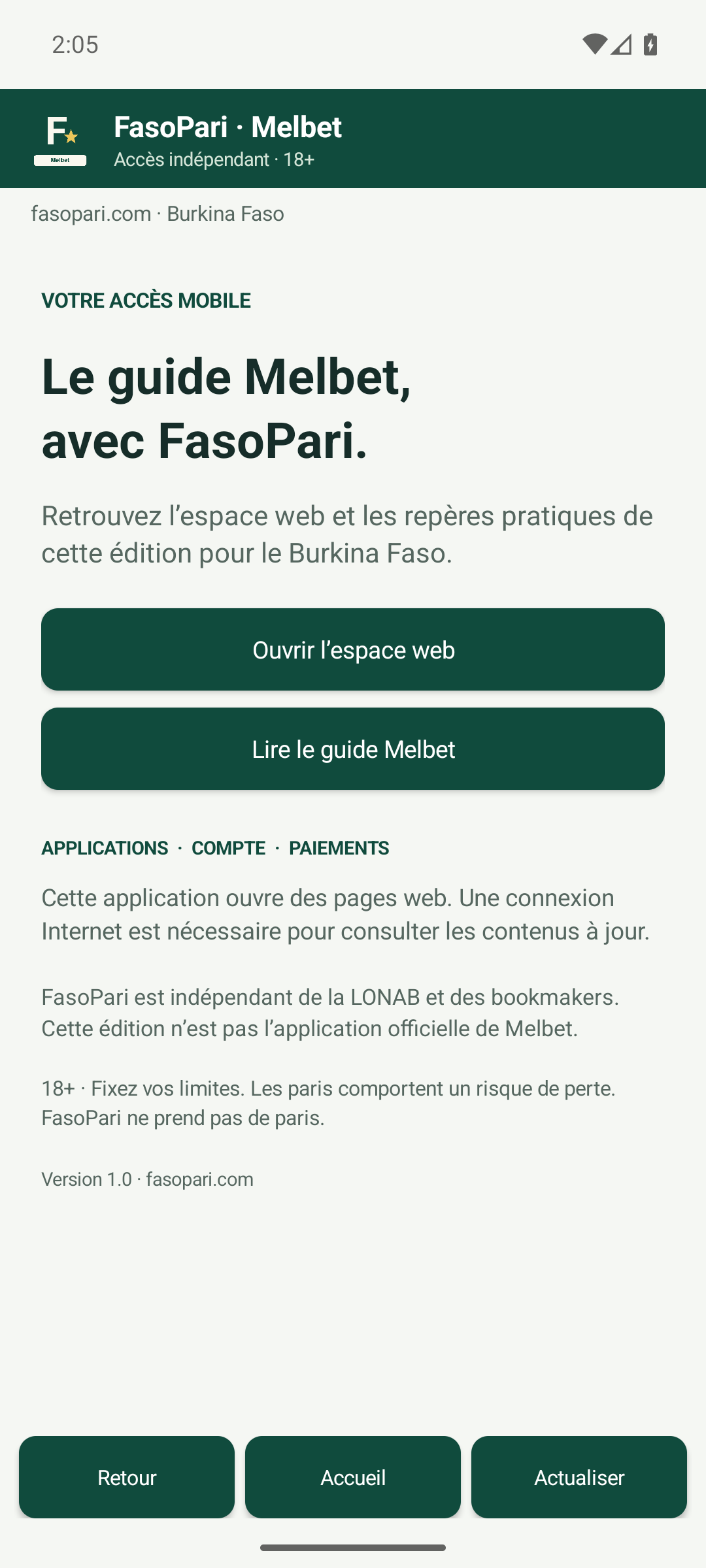 Écran d’accueil de FasoPari · Melbet : accès web et guide indépendant FasoPari.